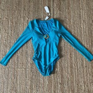 Trina Turk Teal Long Sleeve One-Piece Swimsuit with Gold Accent